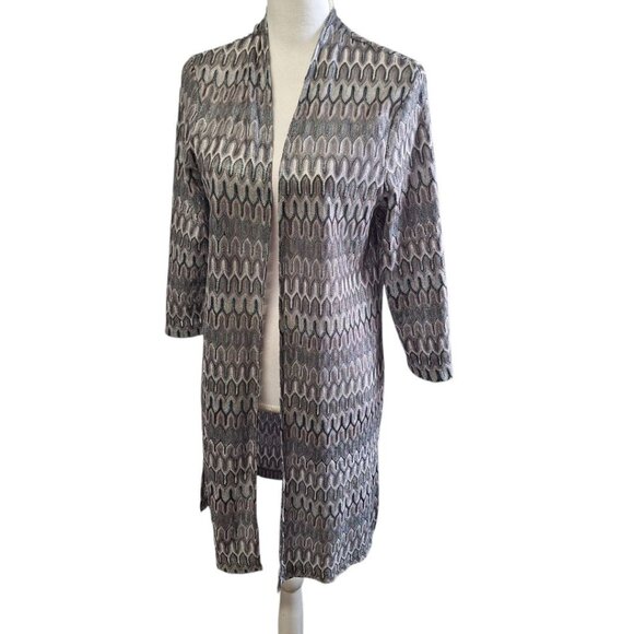 Chicos Travelers Collection Duster Long Thin Knit Metallic Womens Size 1 Gray - Picture 1 of 8
